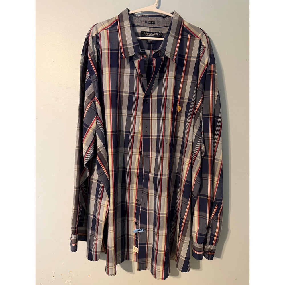 US Polo Assn Men's 4XLT Plaid Button Down Long Sleeve Stretch Navy Red 0510